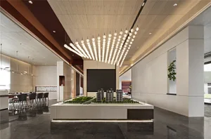 A modern commercial interior with luxurious design elements and mixed materials, featuring a model of buildings and a well-li