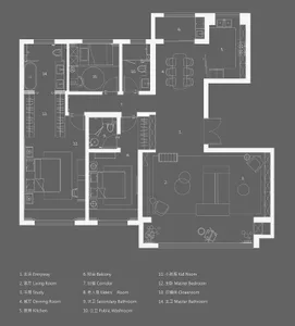 Detailed architectural layout of a modern residential space, including rooms such as living room, dining room, kitchen, and b