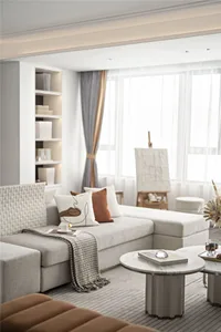A modern living room with furniture arranged around a round marble coffee table, featuring neutral fabrics and minimalistic d