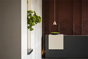 A modern lobby with a concrete floor and brass hanging light fixture.