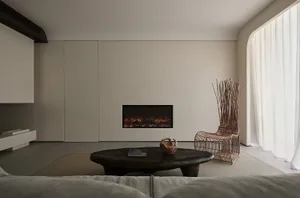 Modern minimalist living room featuring a concrete fireplace, round wooden table, and wire chair, with large windows and soft