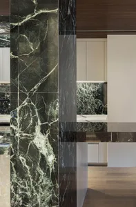 A modern residential interior featuring marble walls and flooring.