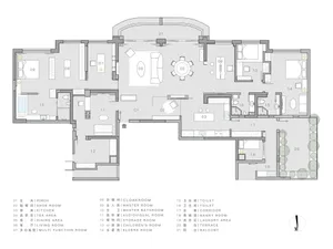 Modern home interior with living, dining, and bedroom spaces.