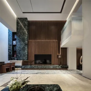 A modern living room features a marble floor, wood-paneled walls, and a central fireplace.
