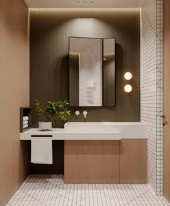 Modern minimalist bathroom featuring a wooden vanity and white sink against a brown and white tiled wall.