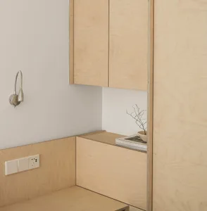 A modern minimalist residential interior with wooden furniture and minimalist design elements.
