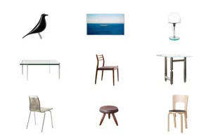 Modern home decor featuring glass, metal, wood, plastic, and straw elements.