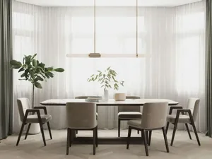 Modern minimalist dining room with gray fabric chairs and white marble table, featuring a long linear light fixture and green