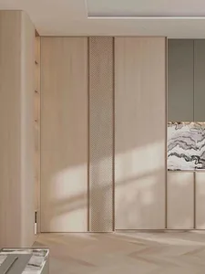 A modern bedroom featuring wooden furniture and a sleek, minimalist design.