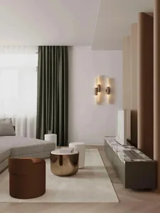Modern living room with contemporary furniture, neutral color palette, and minimalistic design.