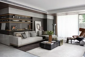 Modern living room featuring mixed materials like wood, glass, and leather.
