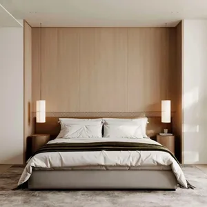 A minimalist bedroom with a white bed featuring a wooden headboard and two pendant lights.