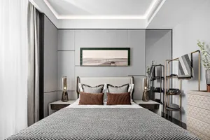 Modern minimalist bedroom featuring textured wall paneling
