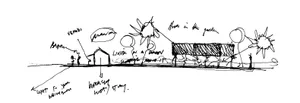 Hand-drawn architectural sketch depicting a landscape design with various elements such as trees, buildings, and pathways.