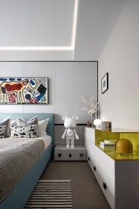 Modern minimalist bedroom with wooden furniture, glass tile accents, and abstract art.