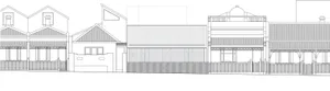 A line drawing showcasing a housing rendering with various architectural features and materials.
