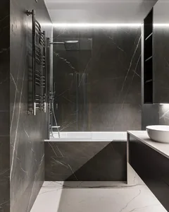 Modern bathroom designed with marble materials.