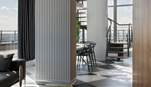A modern interior design featuring a combination of wood, glass, and metal materials.