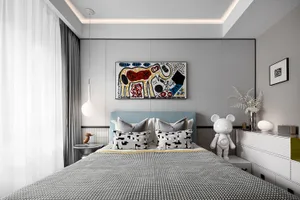 Modern bedroom with mixed materials, featuring a bed with geometric patterns, a colorful abstract painting, and a white hangi