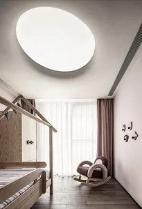 Modern minimalist bedroom featuring a wooden frame bed with a large oval cut-out in the ceiling, pink curtains, and a rocking