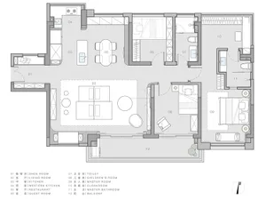 A detailed 2D architectural drawing of a modern residential apartment floor plan showing various rooms and spaces.