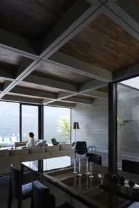 A modern living room featuring concrete walls and a sleek, contemporary design.