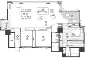 Floor plan of a home showing living room, kitchen, bedrooms, and bathrooms.