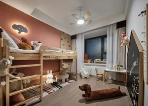 A cozy children's room with wooden furniture, plush toys, and a climbing wall.