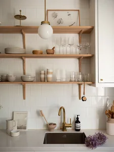 Modern kitchen with open shelving made of wood, containing ceramic and glassware, and a stainless steel sink with brass fixtu