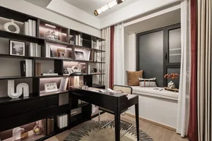 A contemporary home office with minimalist design, featuring a black desk, shelves, and a reading nook by the window.