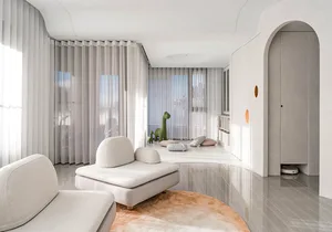 A modern minimalist living room in grey and white with beige cushions on a white sofa, a beige floor lamp, and large white cu