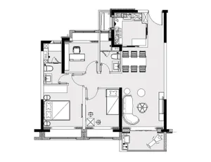 Floor plan of a modern residential apartment showing layout and design elements.