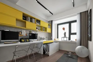 A modern home office with yellow furniture and a desk with computers and chairs.