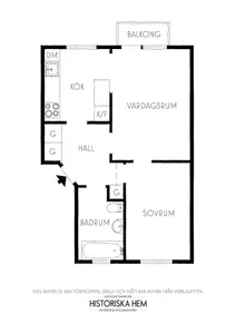Floor plan of an apartment with a balcony, kitchen, living room, bathroom, bedroom, and hallway.