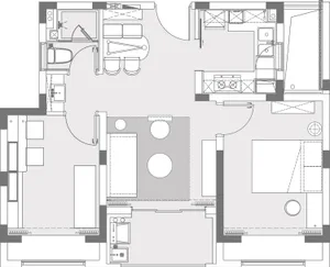 Floor plan of a modern apartment showing living room, kitchen, bedrooms, and bathrooms.