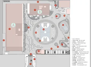 Floor plan of a park with concrete, glass, and metal structures