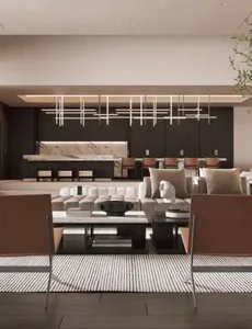 Modern living room featuring marble accents, leather furniture, metallic accents, and wooden elements.
