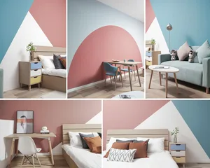 An image showcasing a modern interior design with a color block wall featuring a combination of blue, pink, and white.
