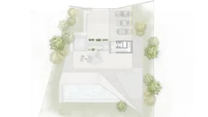 An overhead view of a modern residential floor plan featuring concrete and glass materials.