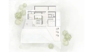 Modern residential floor plan featuring interior spaces with wooden floors, glass walls, and concrete structures.