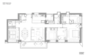 190 square meter residential apartment layout with three bedrooms, two bathrooms, and an open kitchen and living area.