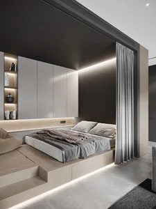 Modern minimalist bedroom with wood accents and glass panels.