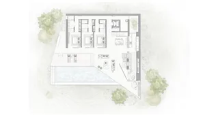 Floor plan of a minimalist residential building showing modern design elements.