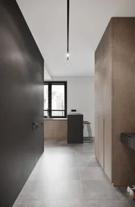Modern, minimalist kitchen featuring wooden cabinets and sleek, contemporary design.