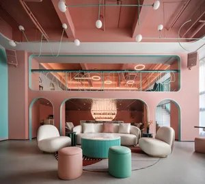 A modern minimalist coffee shop with pastel colors and sleek furniture.