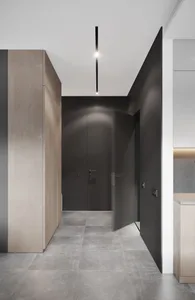 Entryway featuring minimalist design with wooden cabinets, concrete flooring, and black walls.