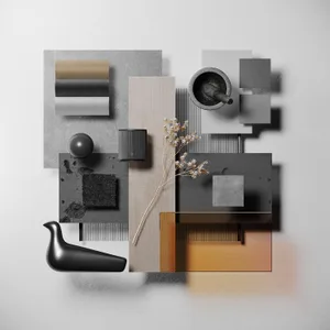 A minimalist interior design featuring black, gray, and wood materials with a bird figurine and plant.