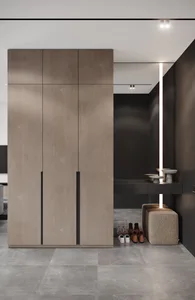Modern interior design featuring a tall wooden closet with a minimalist design and integrated lighting.