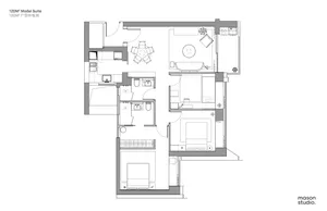 A detailed 2D architectural drawing of a modern three-room flat layout.