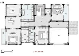 Floor plan of a modern minimalist house interior, featuring open living spaces and neutral color palette.
